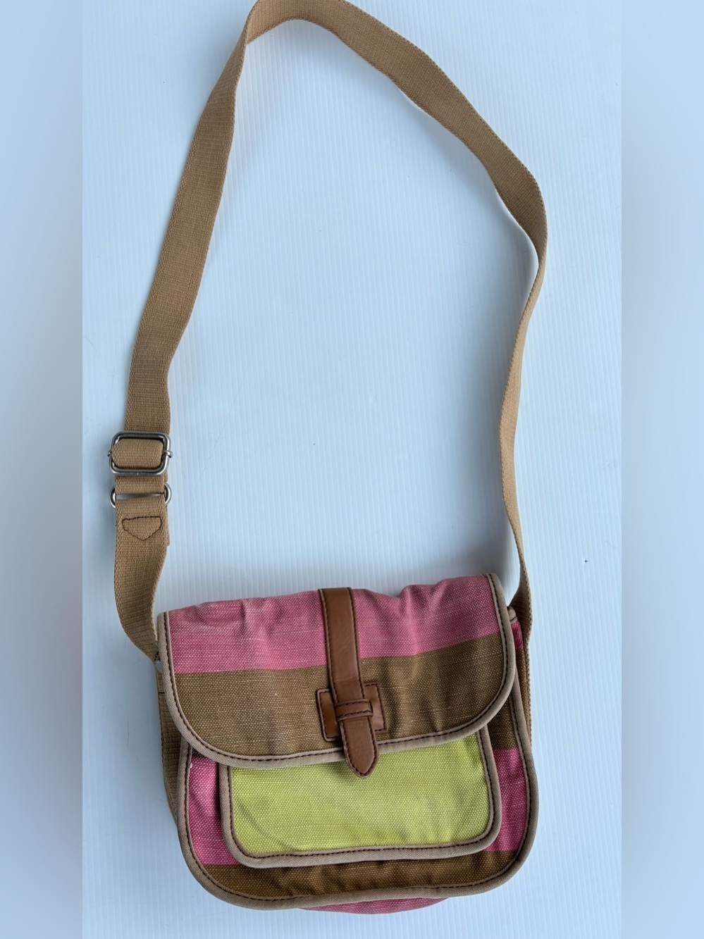 Fossil Pink Olive Tan Canvas Messenger Bag